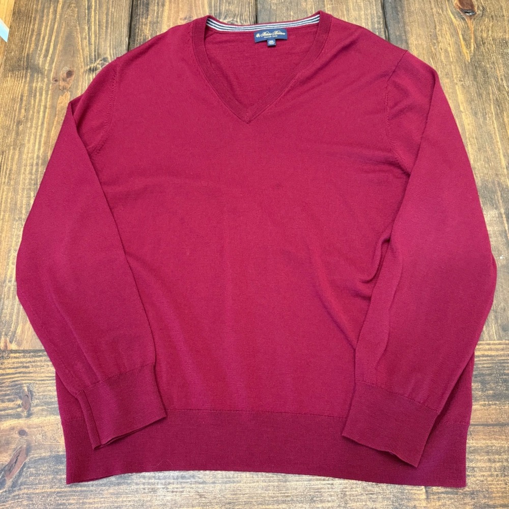 Brooks Brothers Mens XXL Burgundy 100% Merino Wool V-Neck Sweater Italian Yarn
